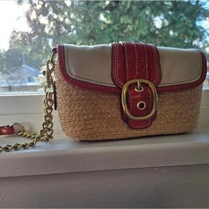 Coach Red and Tan Clutch with Gold Chain